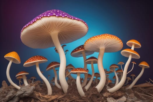 Mushrooms on a solid color background with green moss and water drops. generative ai
