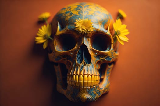 human skull on solid color background. Halloween concept. Close up. ai generative