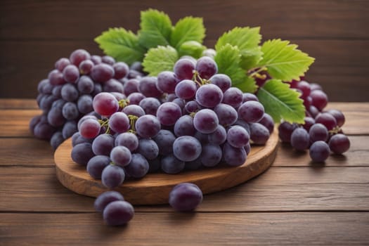 Bunch of fresh grapes on wooden table. Vintage style toned picture. ai generative