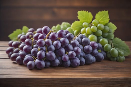 Bunch of fresh grapes on wooden table. Vintage style toned picture. ai generative