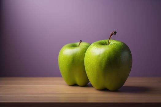 Green apple on a wooden table with dark background, shallow depth of field. The concept of healthy eating. ai generative