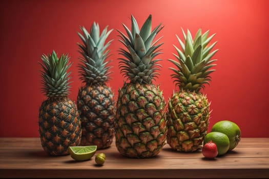 Pineapples on a wooden background. ai generative