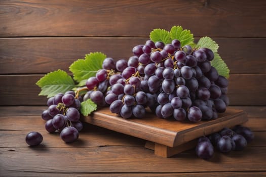 Bunch of fresh grapes on wooden table. Vintage style toned picture. ai generative