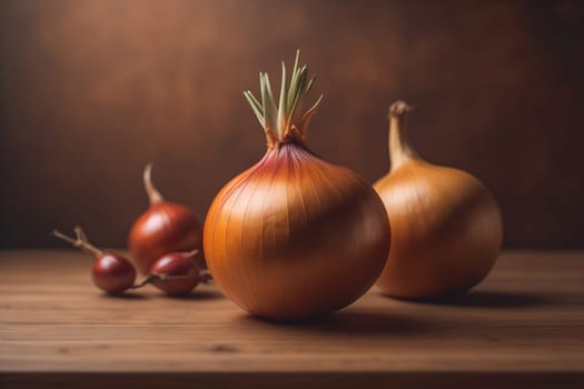 Three onions on a wooden table in front of a solid color background. ai generative