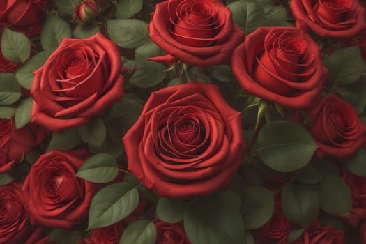 Red roses background. Top view of beautiful red roses with green leaves. ai generative