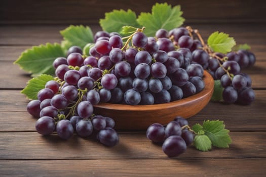 Bunch of fresh grapes on wooden table. Vintage style toned picture. ai generative