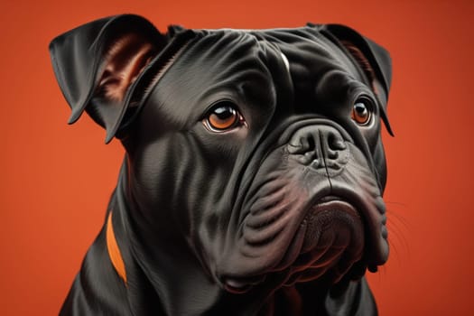 Close up portrait of a cute black dog on a orange background. ai generative