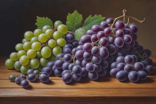 Bunch of fresh grapes on wooden table. Vintage style toned picture. ai generative