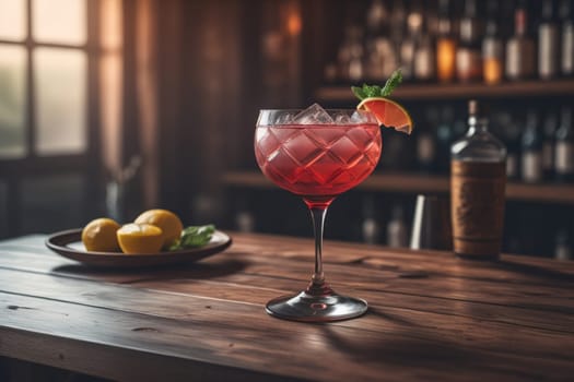 Alcohol cocktail drink on the table in bar. Toned image. ai generative
