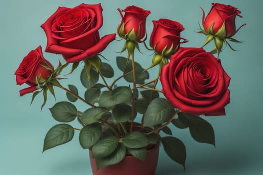 Red roses background. Top view of beautiful red roses with green leaves. ai generative