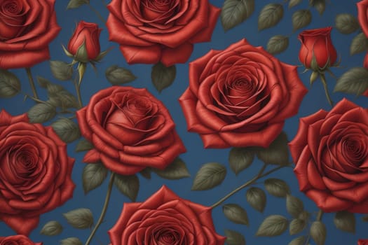 Red roses background. Top view of beautiful red roses with green leaves. ai generative