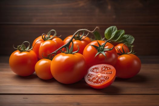 Tomatoes on a wooden table on a dark background. ai generative