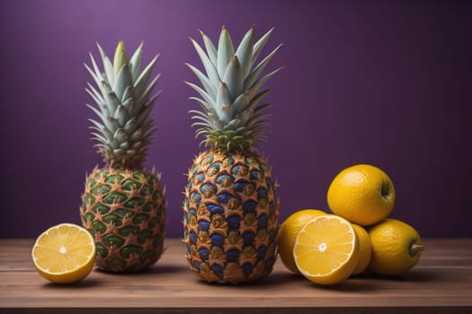 Pineapples on a wooden background. ai generative