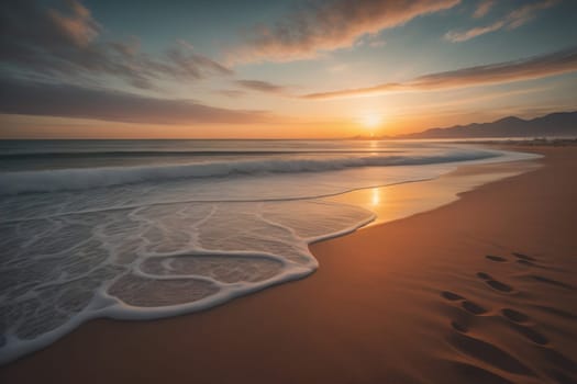 Beautiful sunset on the beach with reflection in the water. Long exposure. ai generative