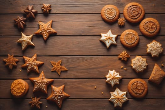 Cookies on a wooden table. Top view. ai generative