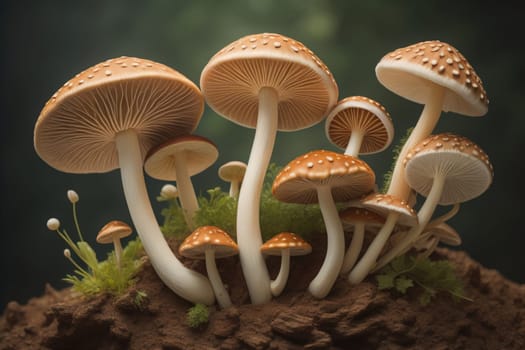 Mushrooms on a solid color background with green moss and water drops. generative ai