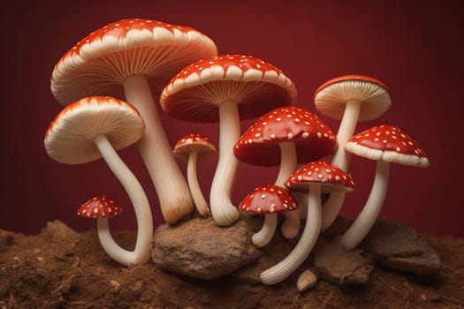 Mushrooms on a solid color background with green moss and water drops. generative ai