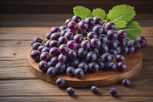 Bunch of fresh grapes on wooden table. Vintage style toned picture. ai generative
