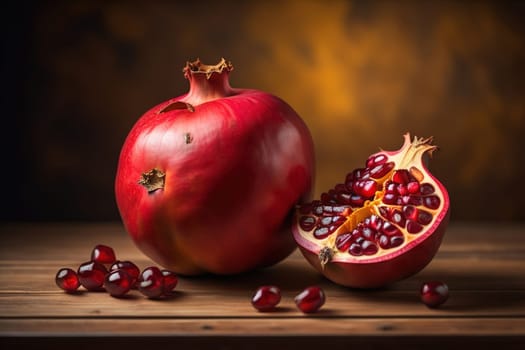 Ripe pomegranate fruit on a wooden background. Still life. ai generative