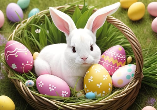 Easter bunny with colorful eggs in nest. ai generative