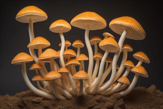 Mushrooms on a solid color background with green moss and water drops. generative ai