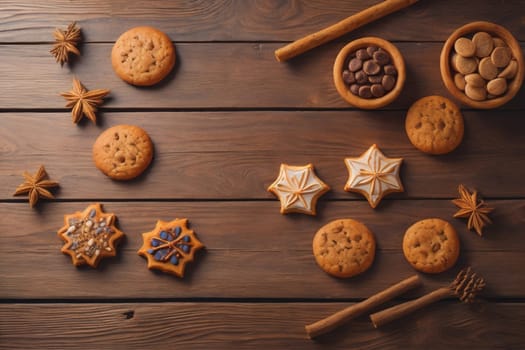 Cookies on a wooden table. Top view. ai generative