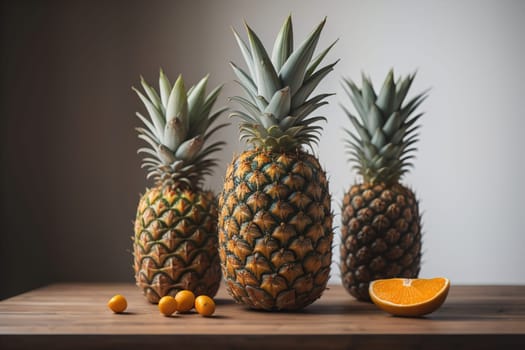 Pineapples on a wooden background. ai generative
