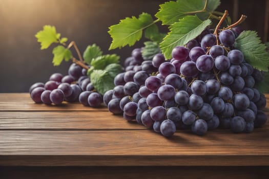 Bunch of fresh grapes on wooden table. Vintage style toned picture. ai generative
