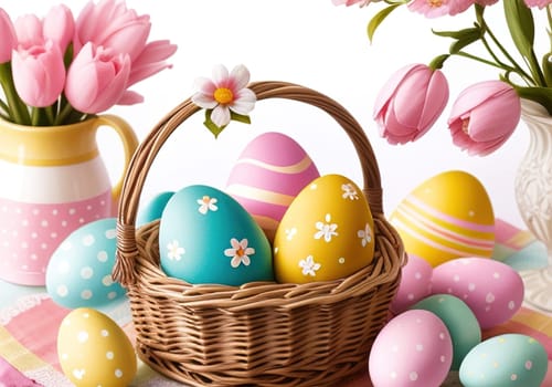 Easter bunny with colorful eggs in nest. ai generative