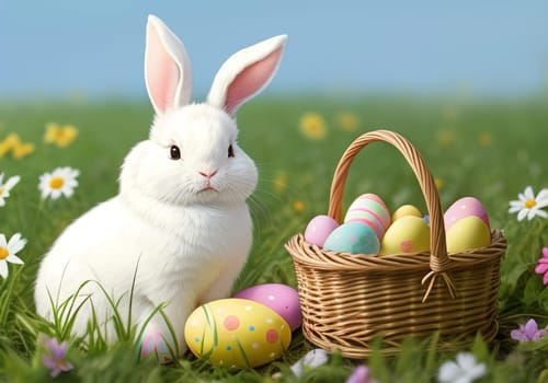 Easter bunny with colorful eggs in nest. ai generative