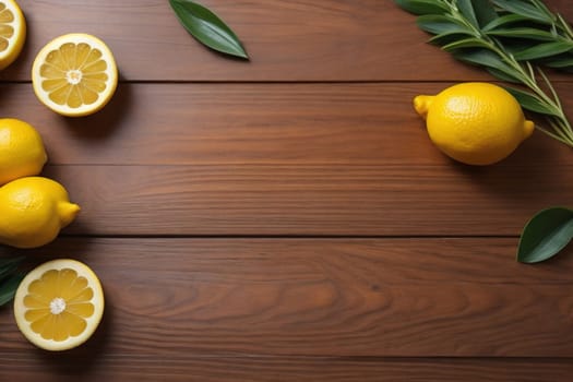 Lemon and slice of lemon on wooden background. Top view. ai generative