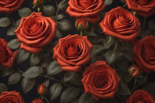 Red roses background. Top view of beautiful red roses with green leaves. ai generative