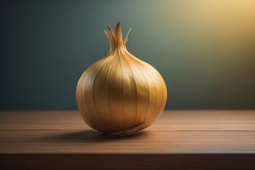 Three onions on a wooden table in front of a solid color background. ai generative