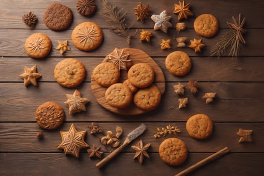 Cookies on a wooden table. Top view. ai generative