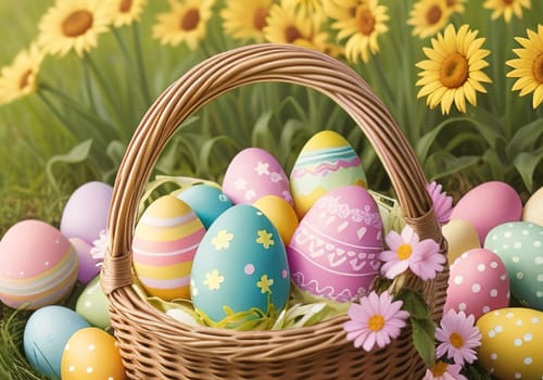 Easter bunny with colorful eggs in nest. ai generative