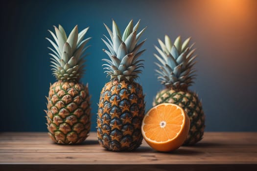 Pineapples on a wooden background. ai generative