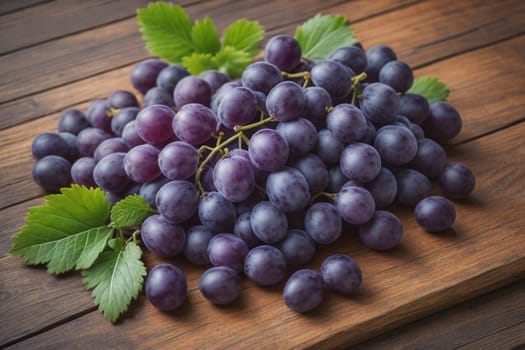 Bunch of fresh grapes on wooden table. Vintage style toned picture. ai generative