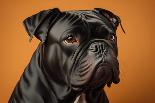 Close up portrait of a cute black dog on a orange background. ai generative