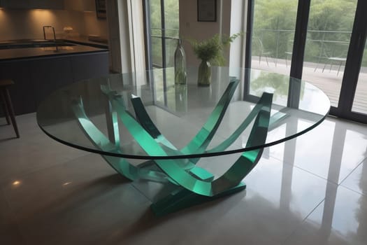 a glass table in a room. ai generative