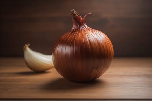 Three onions on a wooden table in front of a solid color background. ai generative