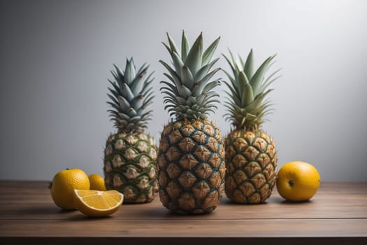 Pineapples on a wooden background. ai generative