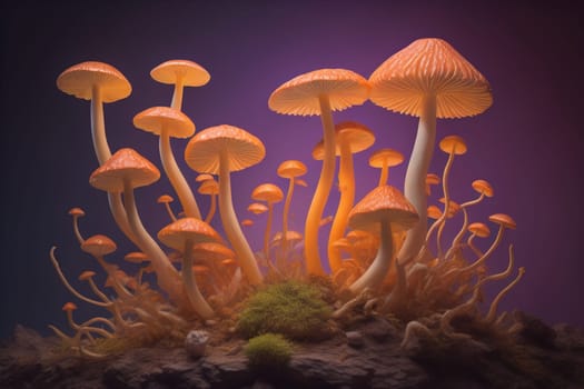 Mushrooms on a solid color background with green moss and water drops. generative ai