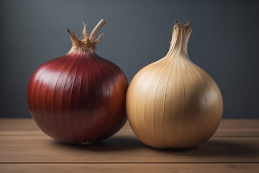 Three onions on a wooden table in front of a solid color background. ai generative
