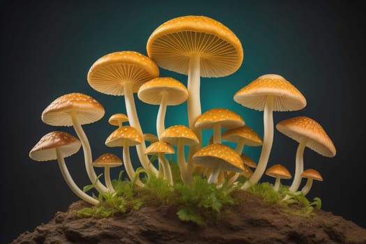 Mushrooms on a solid color background with green moss and water drops. generative ai