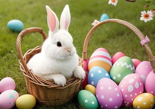 Easter bunny with colorful eggs in nest. ai generative