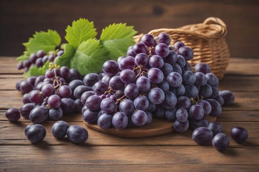 Bunch of fresh grapes on wooden table. Vintage style toned picture. ai generative