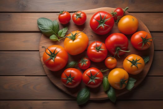 Tomatoes on a wooden table on a dark background. ai generative