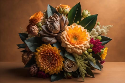 wedding bouquet of different colors on a solid color background. ai generative