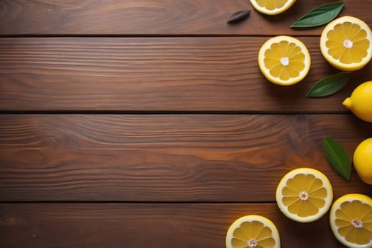 Lemon and slice of lemon on wooden background. Top view. ai generative