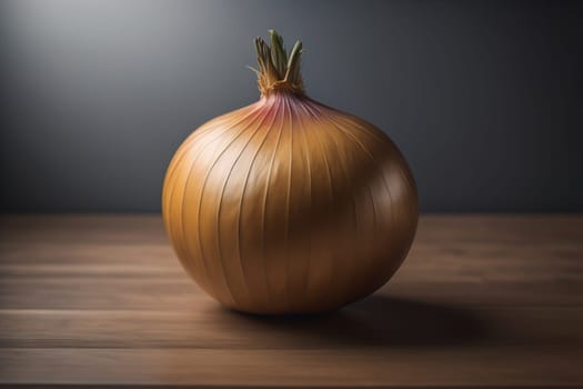 Three onions on a wooden table in front of a solid color background. ai generative